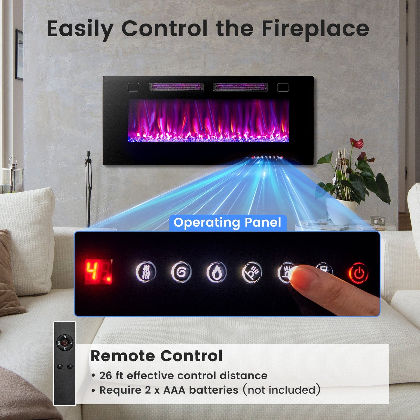 Chimenea eléctrica ultrafina de 42 pulgadas con cristales decorativos y control inteligente por aplicación-42 pulgadas