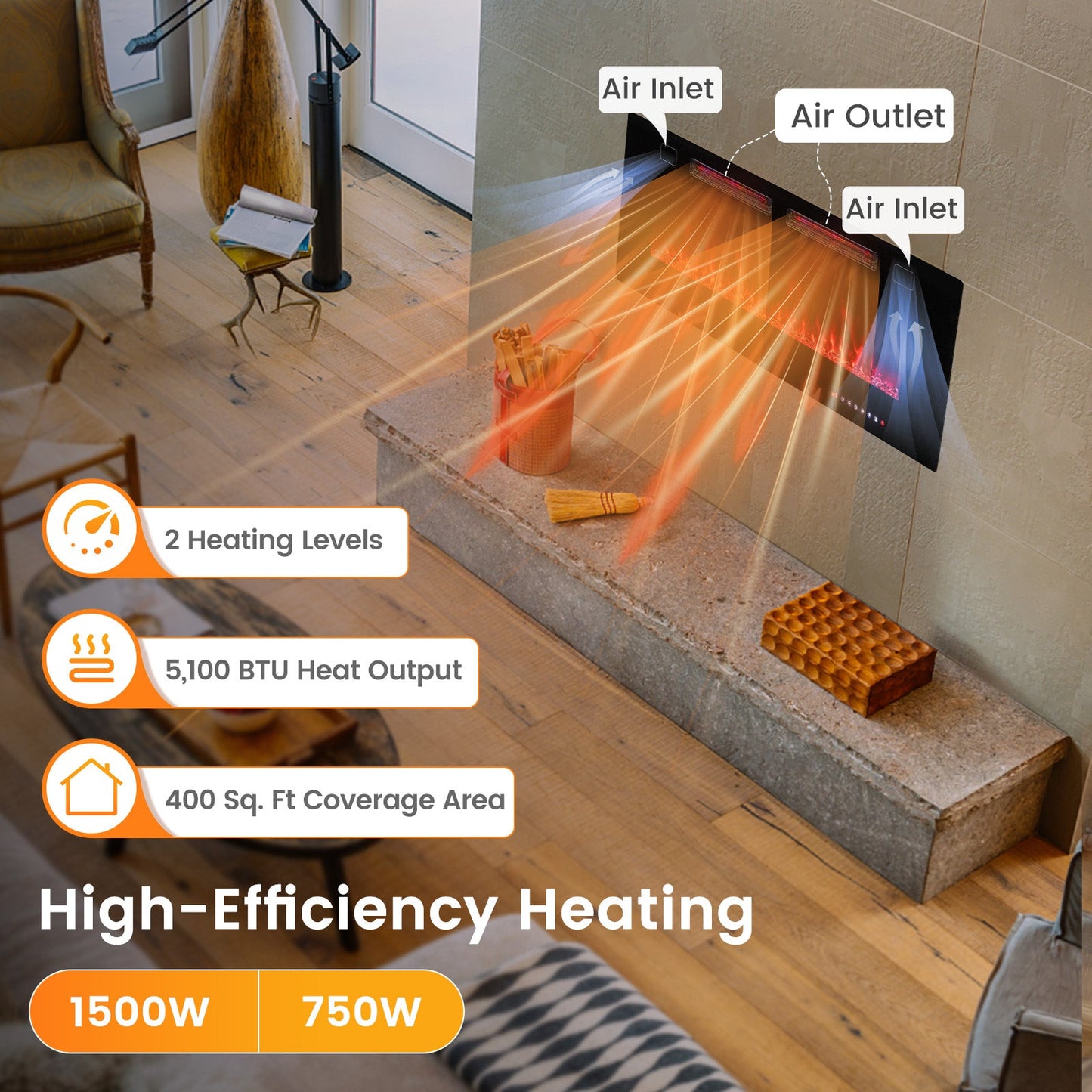 Chimenea eléctrica ultrafina de 42 pulgadas con cristales decorativos y control inteligente por aplicación-42 pulgadas