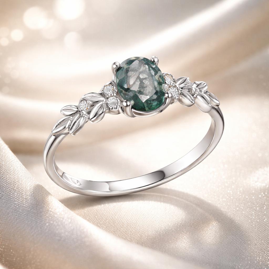 925 Sterling Silver Green Oval Agate and CZ Ring with leaf-band, size 6, Bids.com on Tampa Home & Garden Store