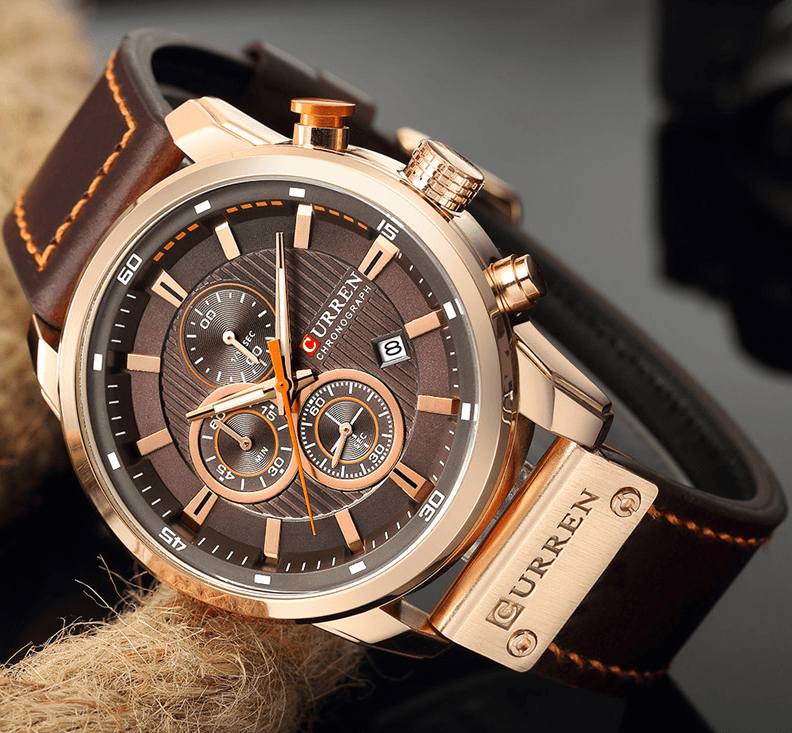 Mens Curren chronograph watch with brown dial, rose-gold case and leather strap with date on Tampa Home & Garden Store