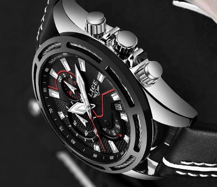 Waterproof men's sports watch with black leather strap, chronograph, tachymeter bezel on Tampa Home & Garden Store