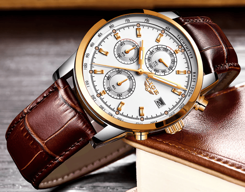 Stevvex men's waterproof watch with chronograph, date display, gold bezel, brown leather strap on Tampa Home & Garden Store