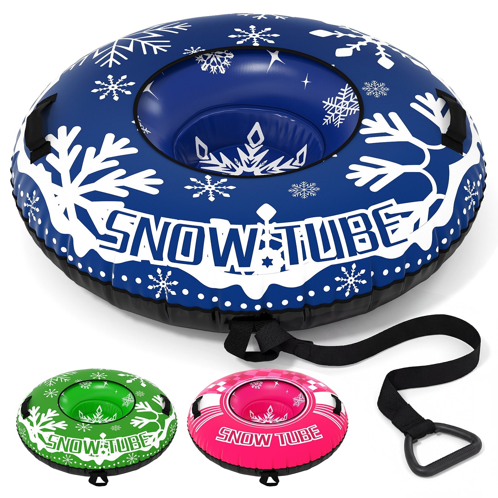 42in heavy-duty inflatable snow tube blue with white snowflakes and detachable tow strap on Tampa Home & Garden Store