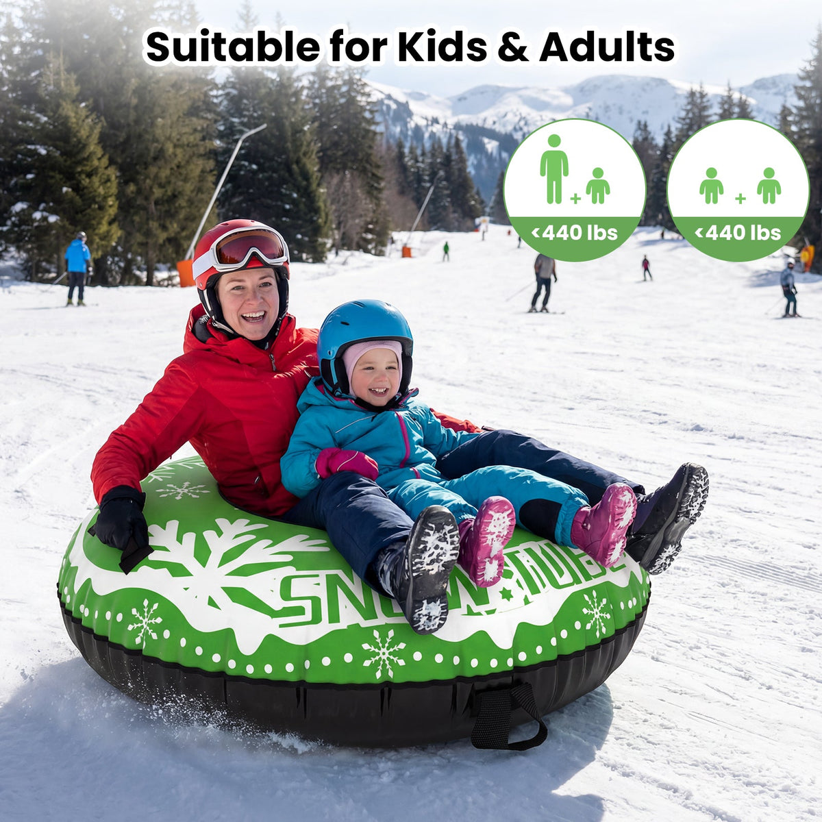 42in heavy-duty inflatable snow tube with detachable tow strap, mom and child riding on Tampa Home & Garden Store