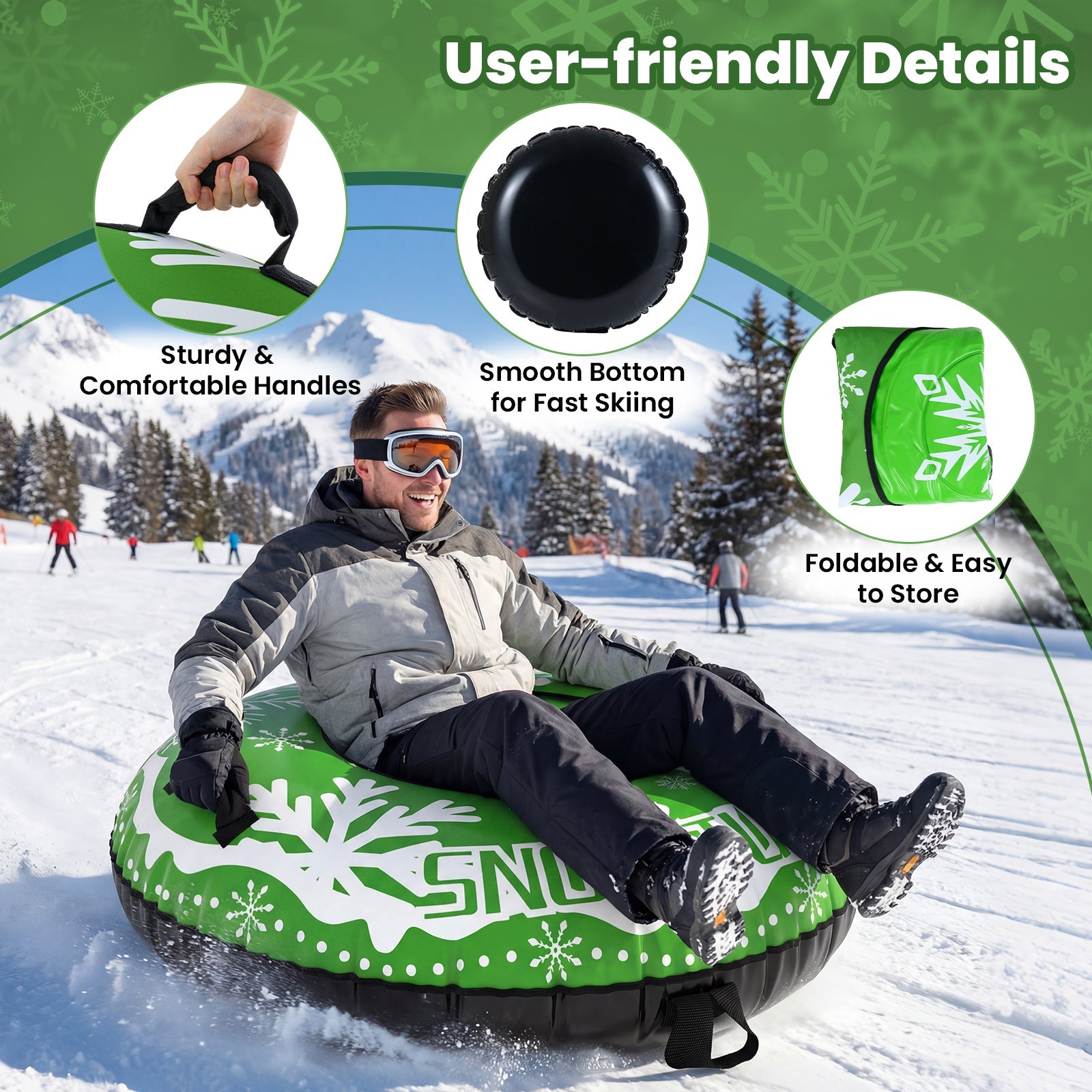 42in DirectDeals heavy-duty inflatable snow tube with detachable tow strap green snowflake print on Tampa Home & Garden Store