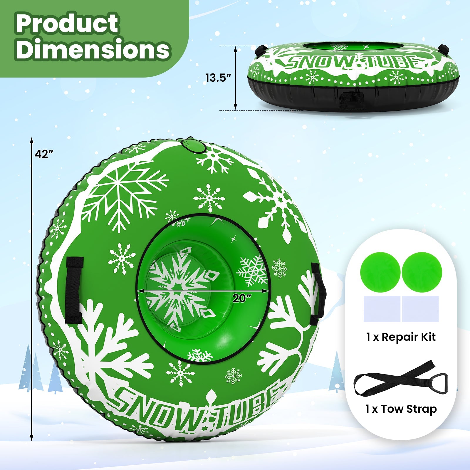 42in green heavy-duty inflatable snow tube DirectDeals with detachable tow strap on Tampa Home & Garden Store
