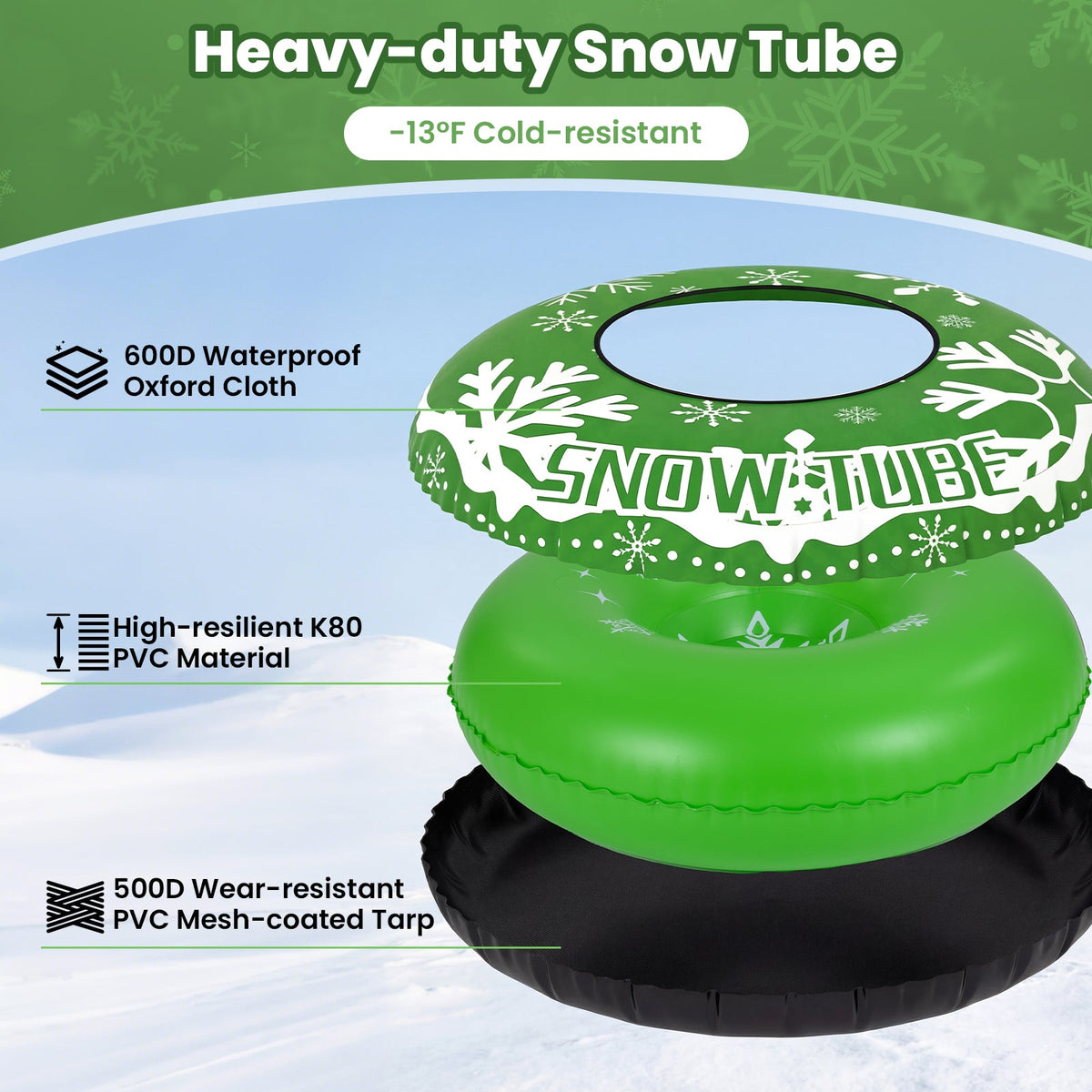 42in DirectDeals heavy-duty inflatable snow tube in green with white snowflake graphics on Tampa Home & Garden Store