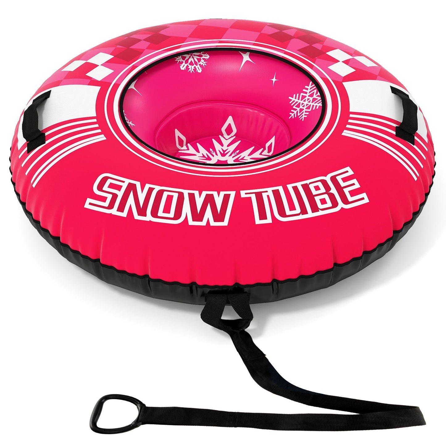 Pink 42in heavy-duty inflatable snow tube with detachable tow strap on Tampa Home & Garden Store