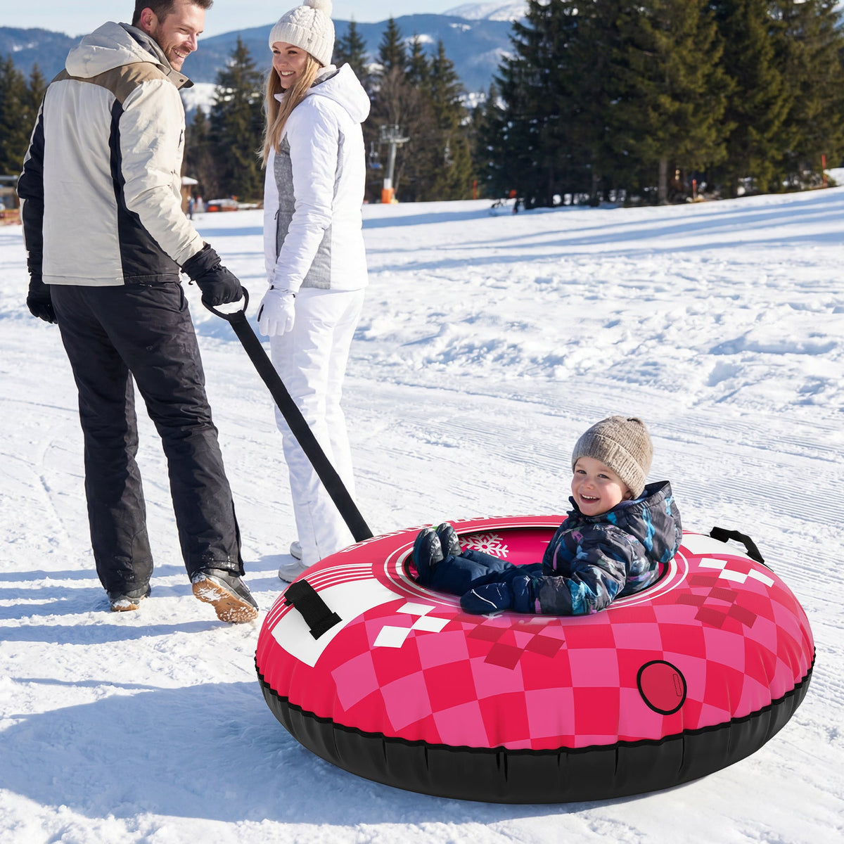 42in DirectDeals heavy-duty inflatable snow tube with tow strap, pink checkered design on Tampa Home & Garden Store