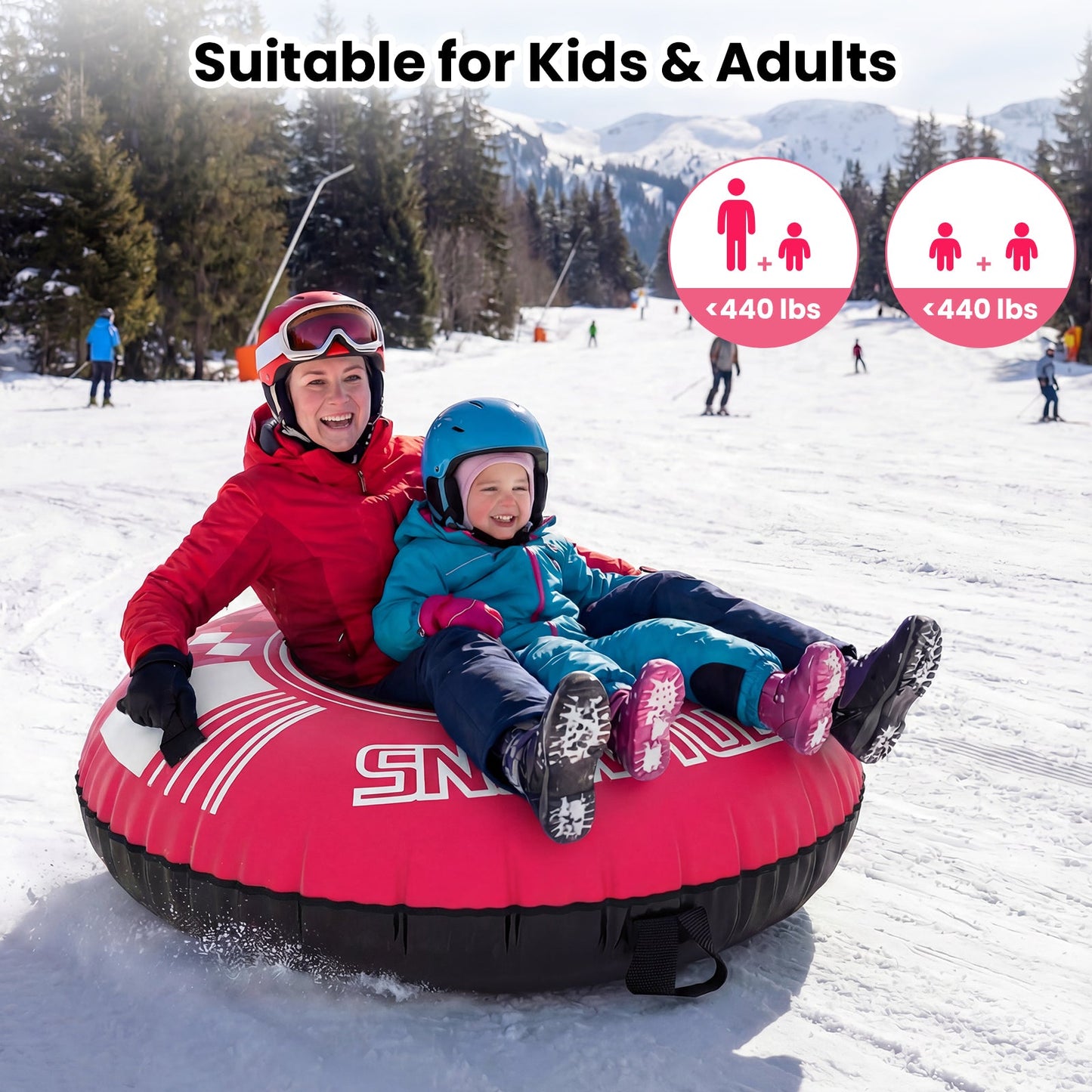 42-inch heavy-duty inflatable snow tube with detachable tow strap, red with two riders on snow on Tampa Home & Garden Store