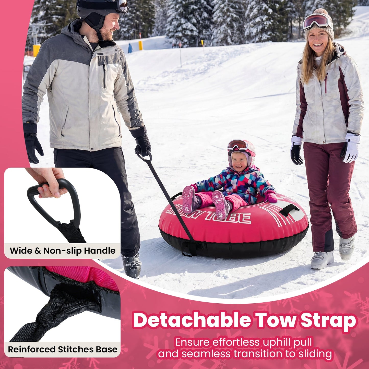 DirectDeals 42in heavy-duty inflatable snow tube with detachable tow strap, pink tube on snowy slope on Tampa Home & Garden Store