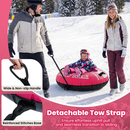 DirectDeals 42in heavy-duty inflatable snow tube with detachable tow strap, pink tube on snowy slope on Tampa Home & Garden Store