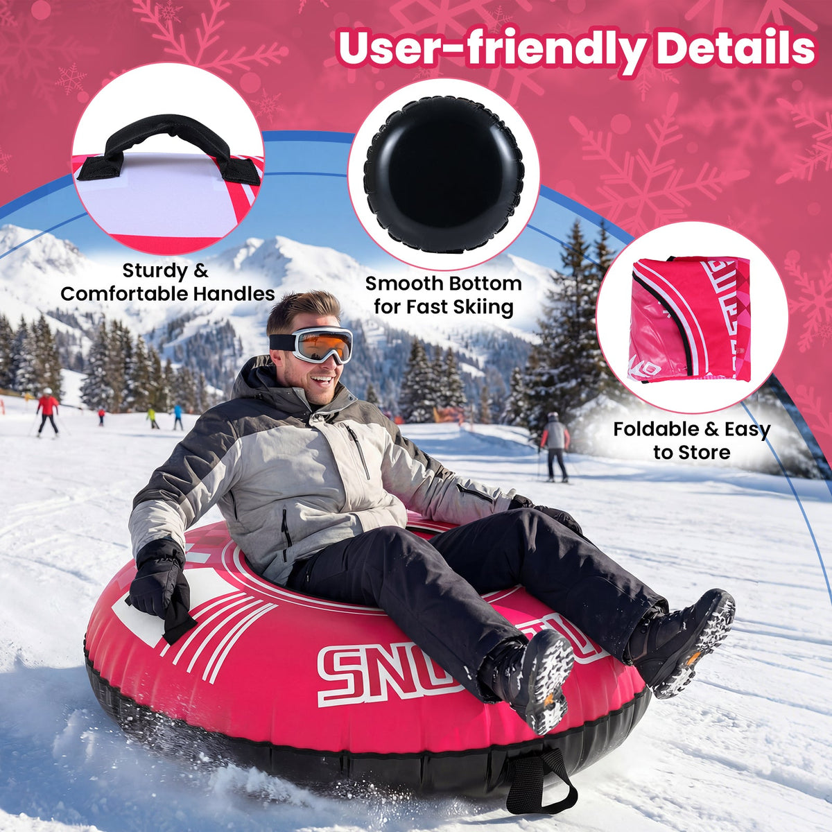 42in heavy-duty inflatable snow tube with detachable tow strap, pink with black bottom on Tampa Home & Garden Store
