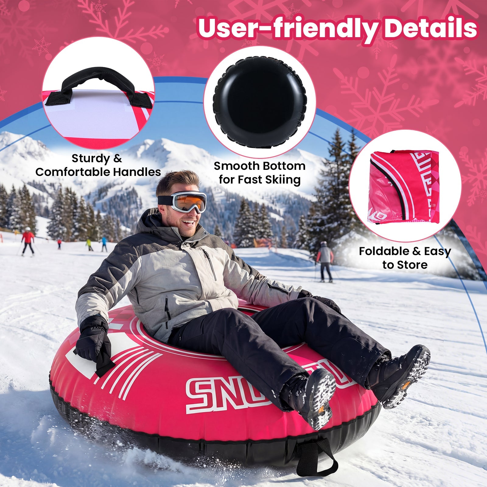 42in heavy-duty inflatable snow tube with detachable tow strap, pink with black bottom on Tampa Home & Garden Store