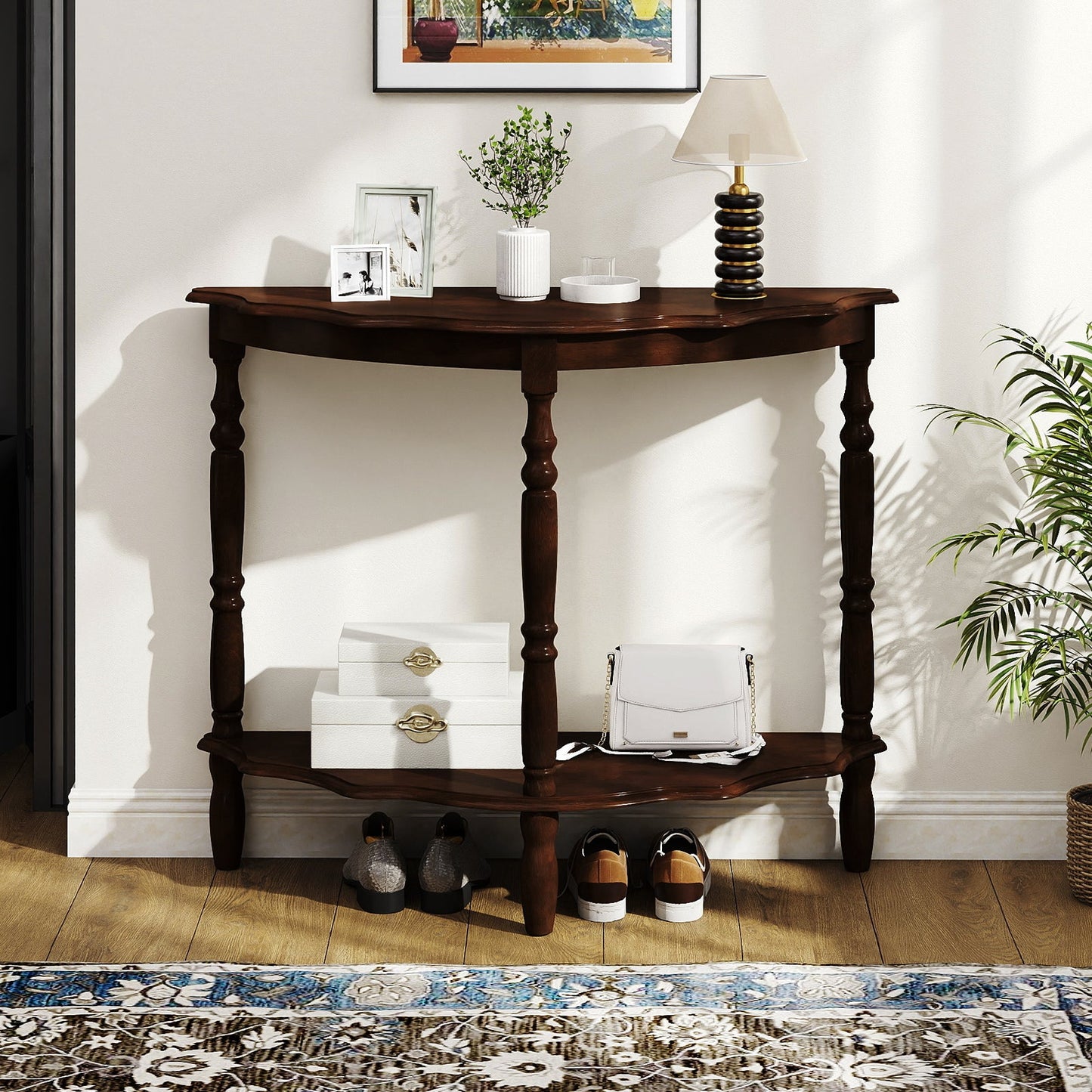 42 Inch Half Moon Console Table with Shelf and Rubber Wood Legs-Espresso