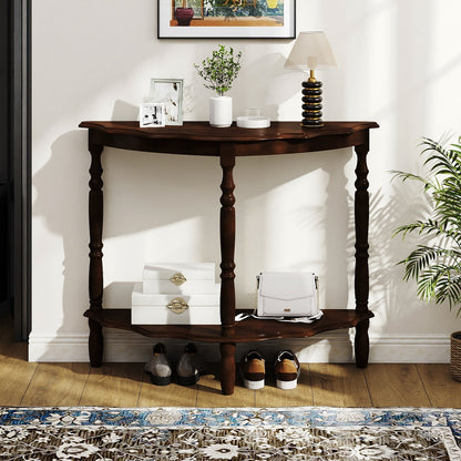 42 Inch Half Moon Console Table with Shelf and Rubber Wood Legs-Espresso