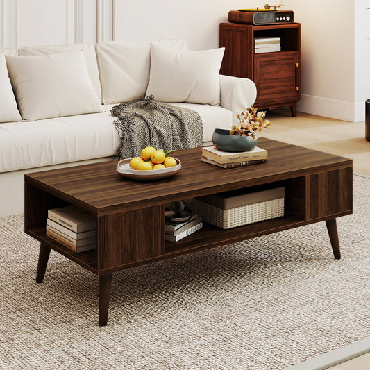 42 Inch Mid Century Modern Coffee Table Rectangular with Open Compartment-Walnut - Tampa Home & Garden Store