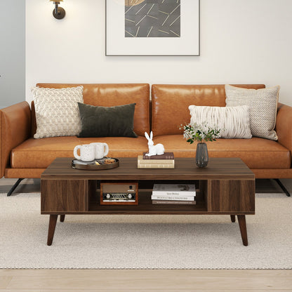 42 Inch Mid Century Modern Coffee Table Rectangular with Open Compartment-Walnut
