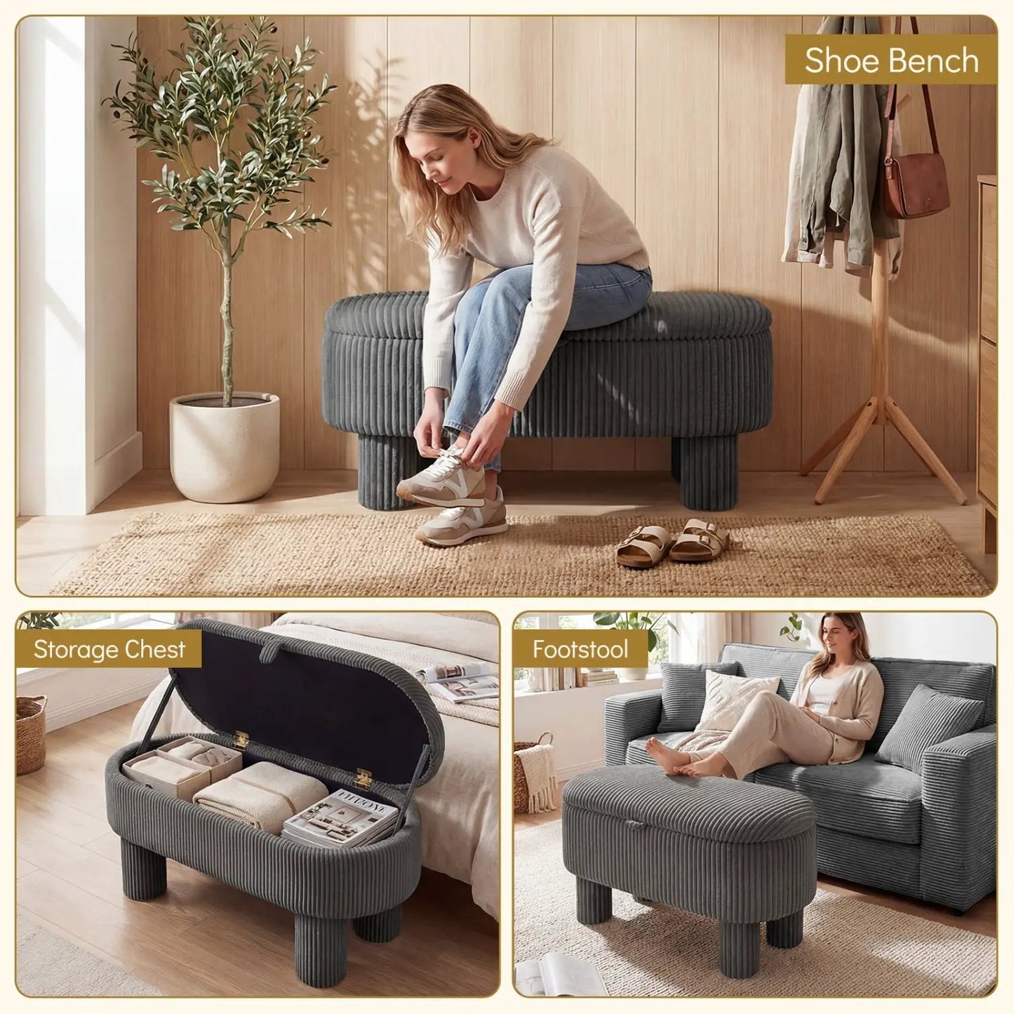 Corduroy Storage Ottoman Bench Foot Stool