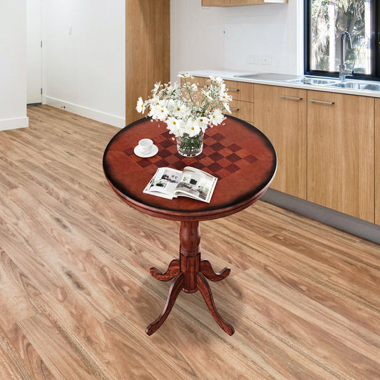 42 Inch Wooden Round Pub Pedestal Side Table with Chessboard - Tampa Home & Garden Store
