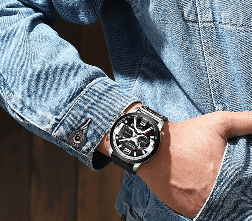 Men's Stevvex sports chronograph watch with black dial and leather strap on Tampa Home & Garden Store