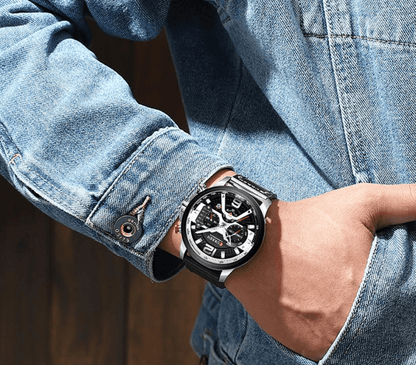 Men's Stevvex sports chronograph watch with black dial and leather strap on Tampa Home & Garden Store