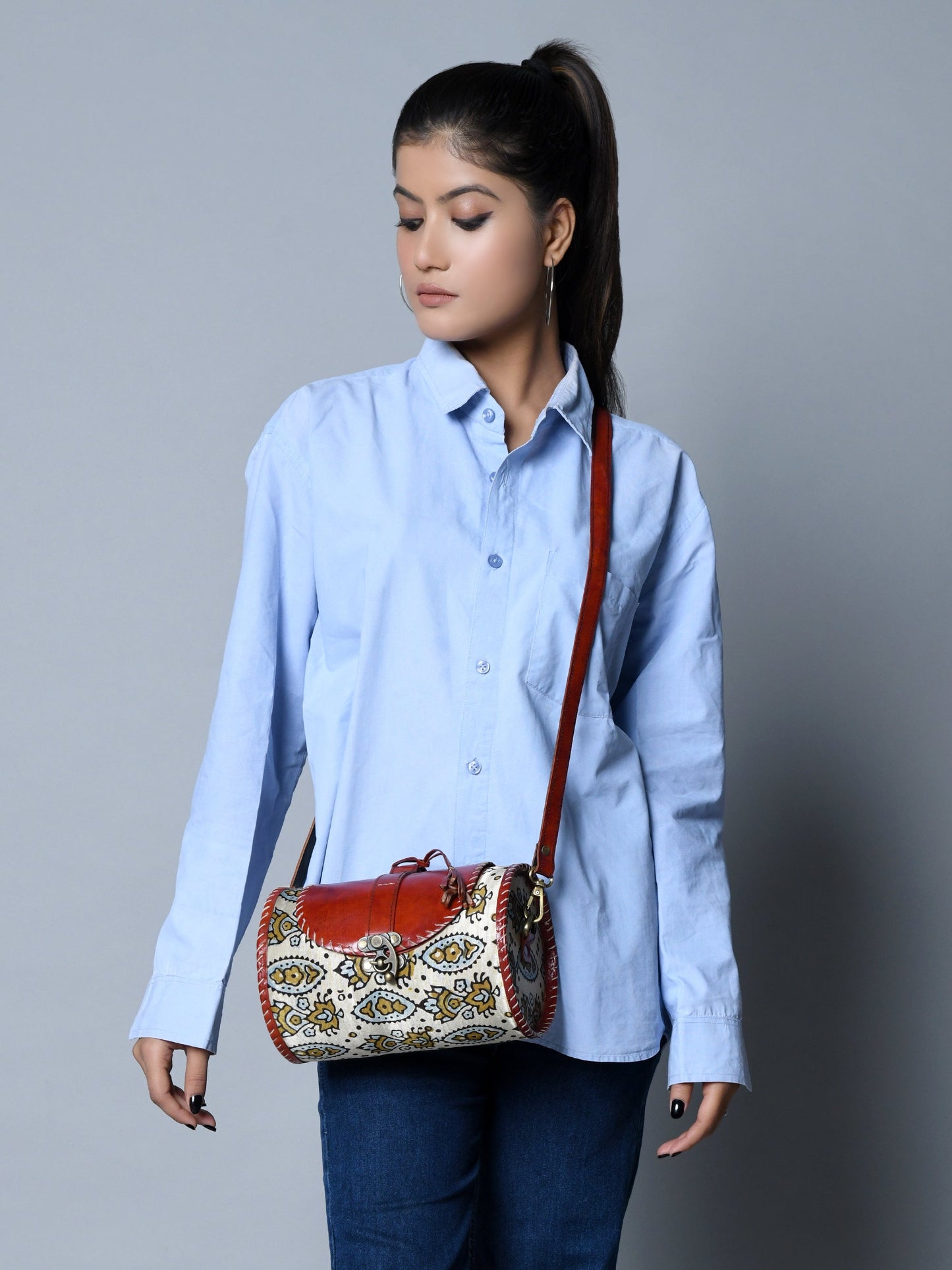 Cylindrical Block Printed Leather Bag - Tampa Home & Garden Store