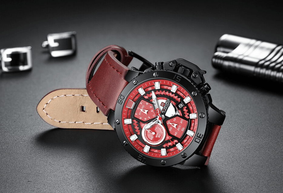 Stevvex ST1N600MK men's casual waterproof watch with red dial, chronograph leather strap on Tampa Home & Garden Store