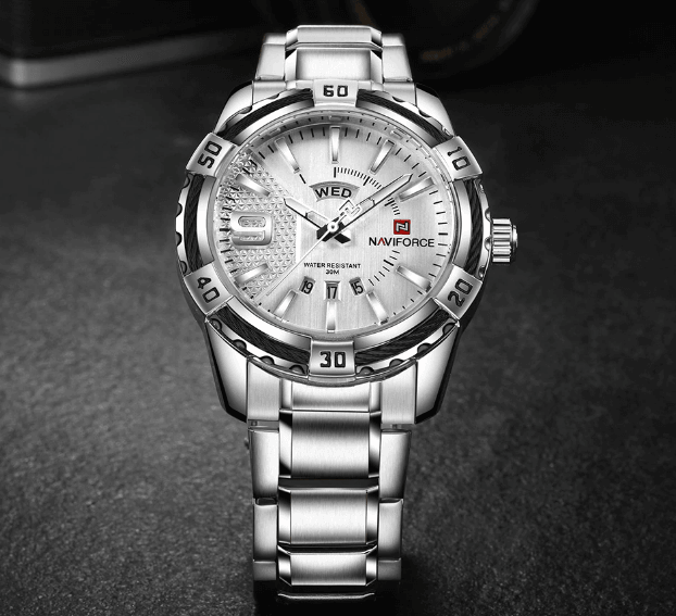 Men's stainless steel luxury Naviforce watch with day/date display, silver bracelet dial on Tampa Home & Garden Store