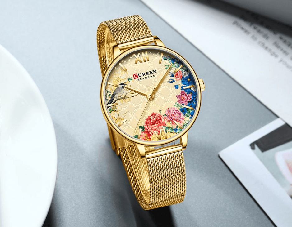Womens watch Curren Blanche floral decoupage dial with Roman numerals and gold mesh band on Tampa Home & Garden Store