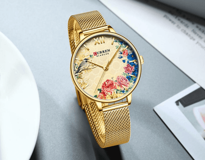 Womens watch Curren Blanche floral decoupage dial with Roman numerals and gold mesh band on Tampa Home & Garden Store