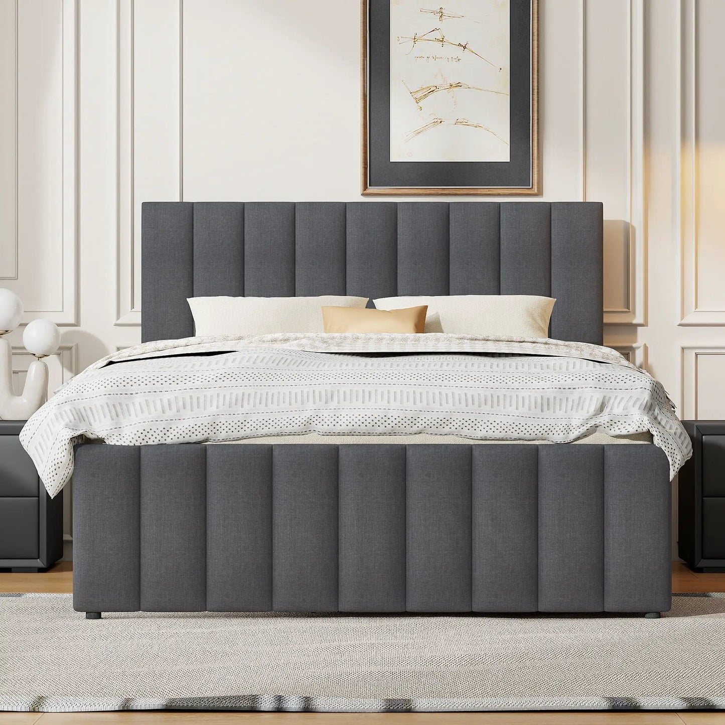 Upholstered Bed with Twin Trundle and 3 Drawers