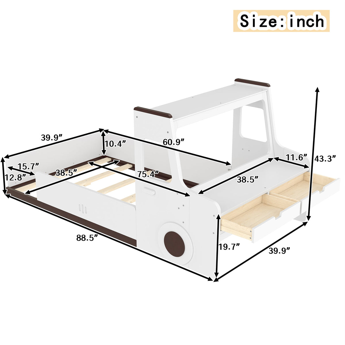 Twin size car-shaped floor bed with storage drawers white wood frame brown accents HouseOfZazla on Tampa Home & Garden Store