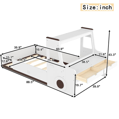 Twin size car-shaped floor bed with storage drawers white wood frame brown accents HouseOfZazla on Tampa Home & Garden Store
