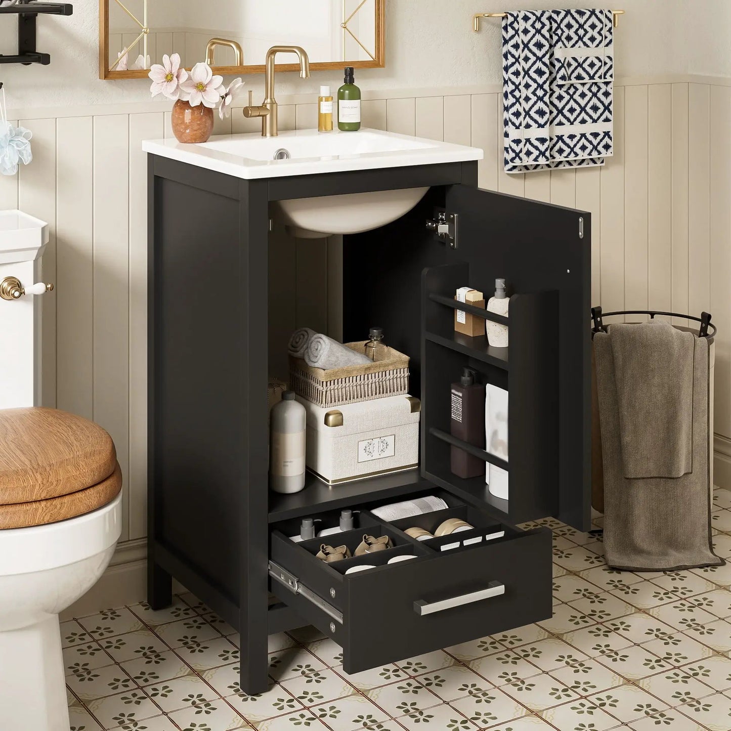 Bathroom Vanity Ceramic Sink and Divider Drawer