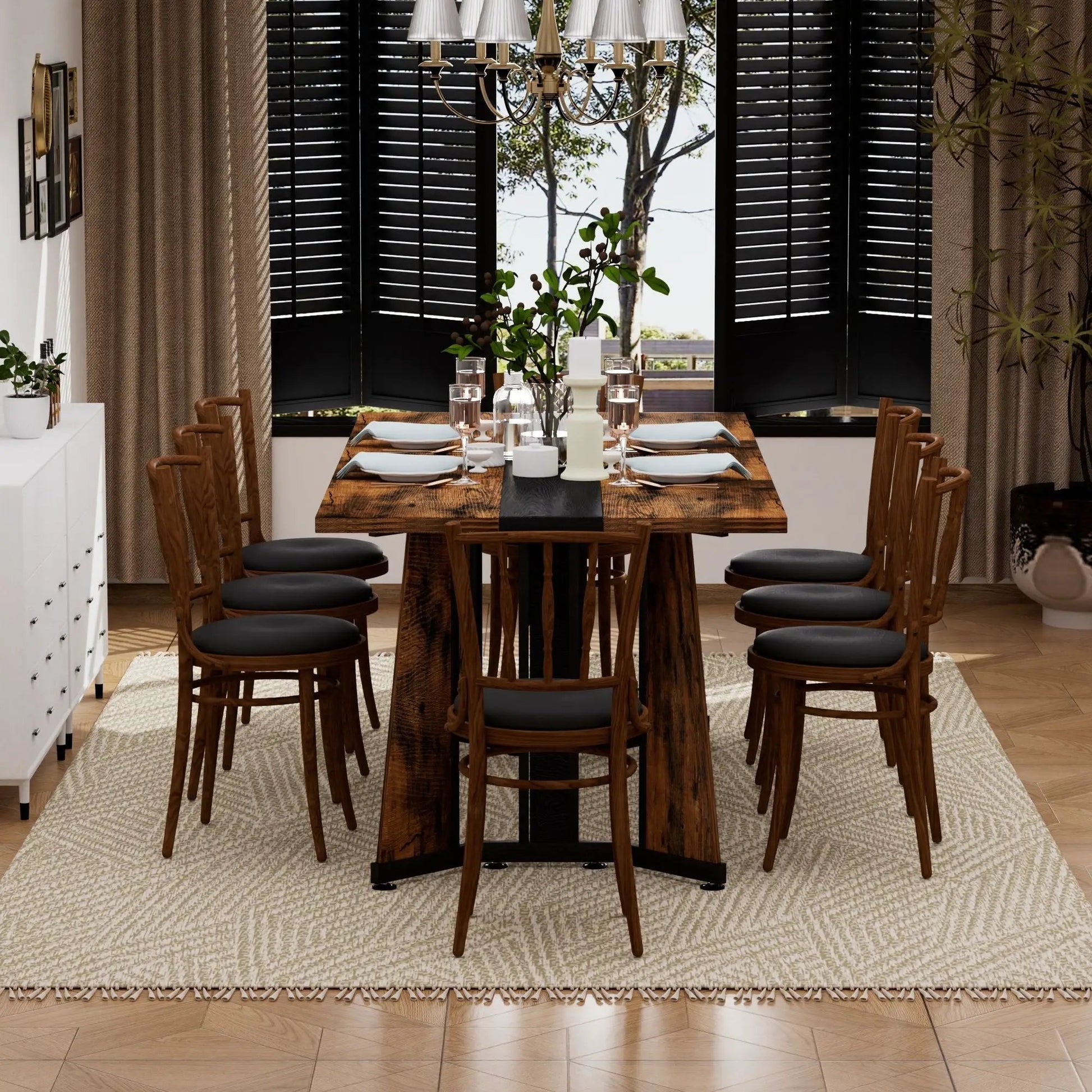 Rustic rectangular dining table by Unique Piece Furniture in dark wood with black center, eight seats on Tampa Home & Garden Store