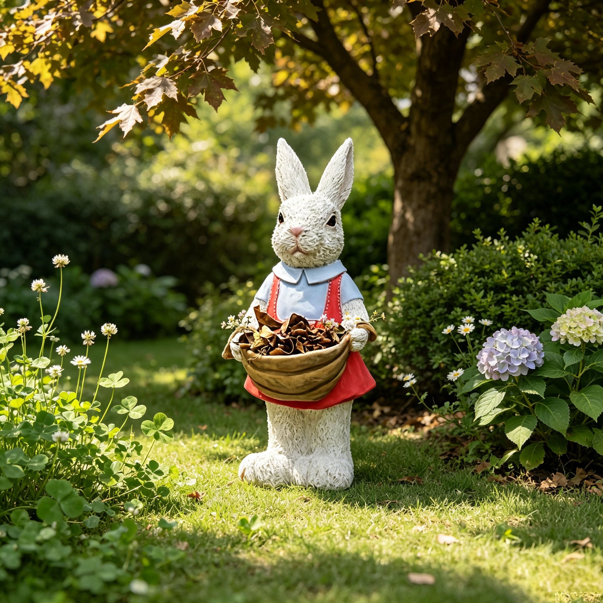 Charming hand-painted rabbit garden statue holding a pinecone basket in a sunny flower garden with daisies on Tampa Home & Garden Store