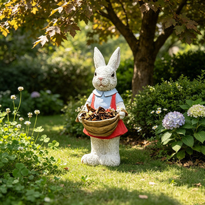 Charming hand-painted rabbit garden statue holding a pinecone basket in a sunny flower garden with daisies on Tampa Home & Garden Store