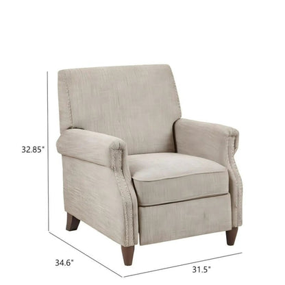 Julian push-back recliner in sand fabric with nailhead trim and wooden legs on Tampa Home & Garden Store