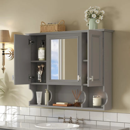 Wall mounted bathroom medicine cabinet with mirror and open shelves in gray finish on Tampa Home & Garden Store