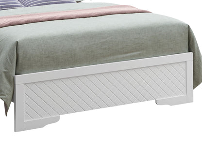 Upholstered bed in gray fabric with white diamond-pattern footboard drawers; pink throw on Tampa Home & Garden Store