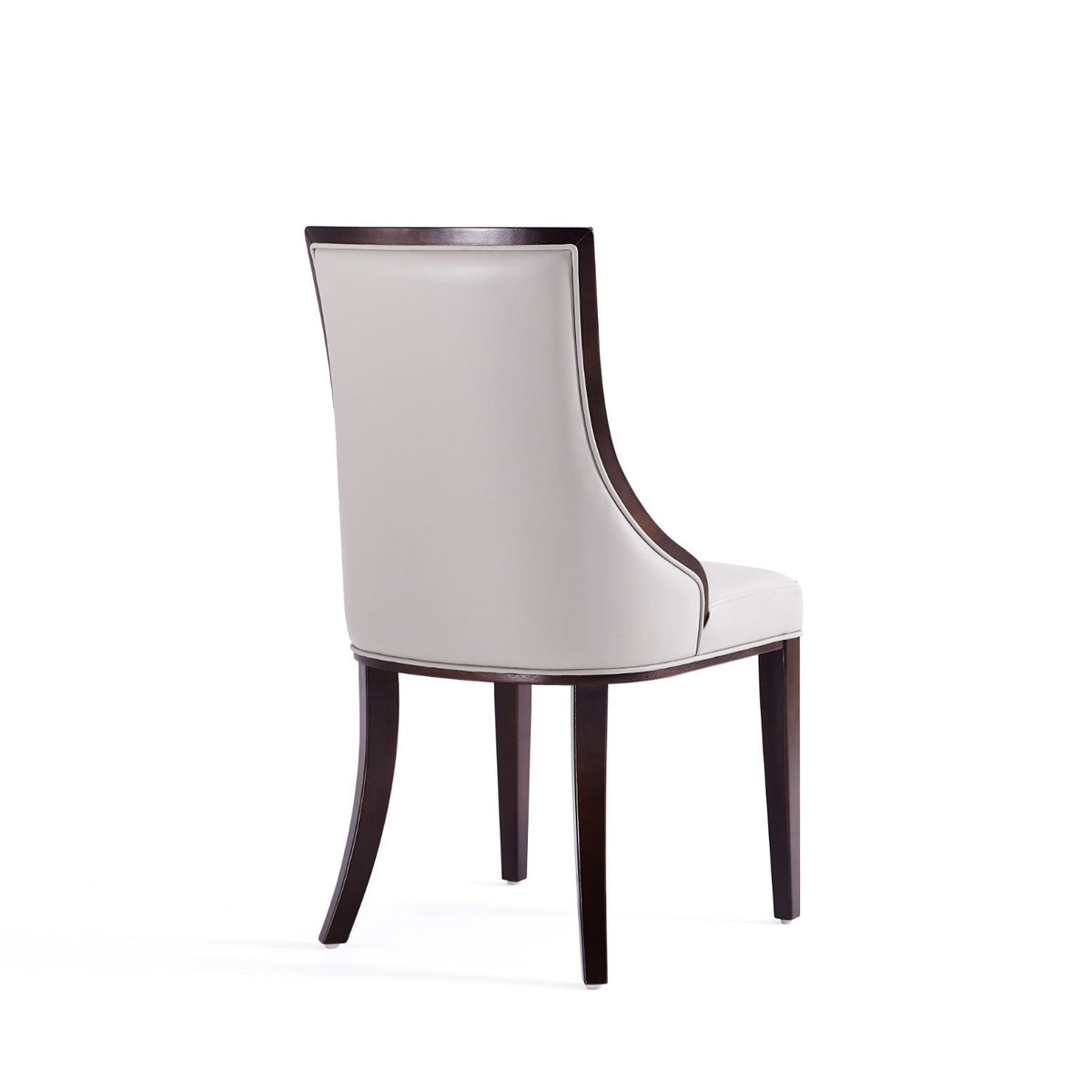 Rear view of grand dining chair with beige upholstery and dark beech wood frame on Tampa Home & Garden Store
