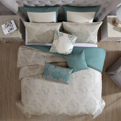 Marana 9 Pc Medallion Jacquard Comforter Set teal and beige damask bedding with pillows on Tampa Home & Garden Store