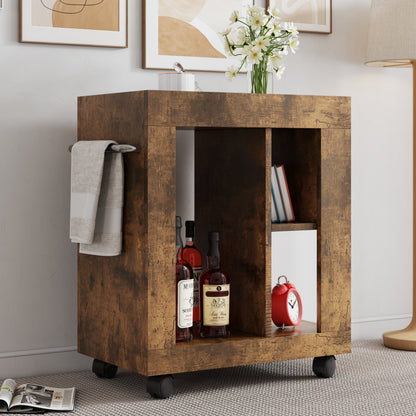 Midcentury Movable Side Cabinet by HouseOfZazla in dark wood finish with liquor bottles on Tampa Home & Garden Store