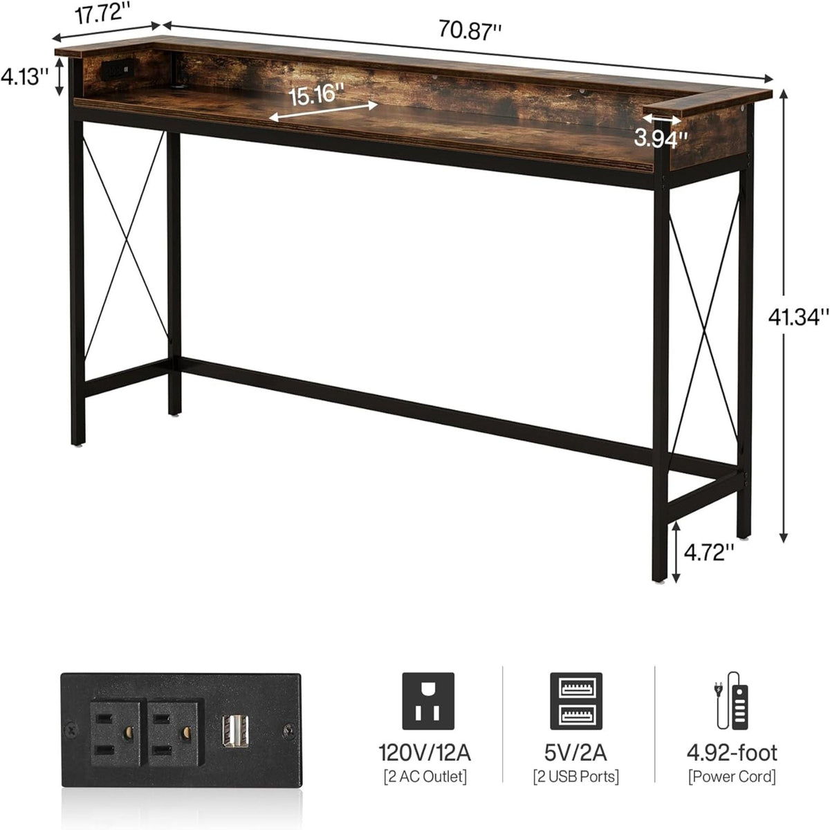 Extra Long Brown/Black Console Table with Charging Station and USB Ports on Tampa Home & Garden Store