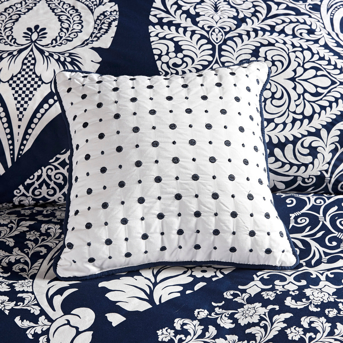 7 Piece Cotton Printed Comforter Set Indigo Cal King navy damask with white polka dot pillow on Tampa Home & Garden Store