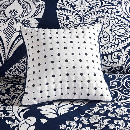 7 Piece Cotton Printed Comforter Set Indigo Cal King navy damask with white polka dot pillow on Tampa Home & Garden Store