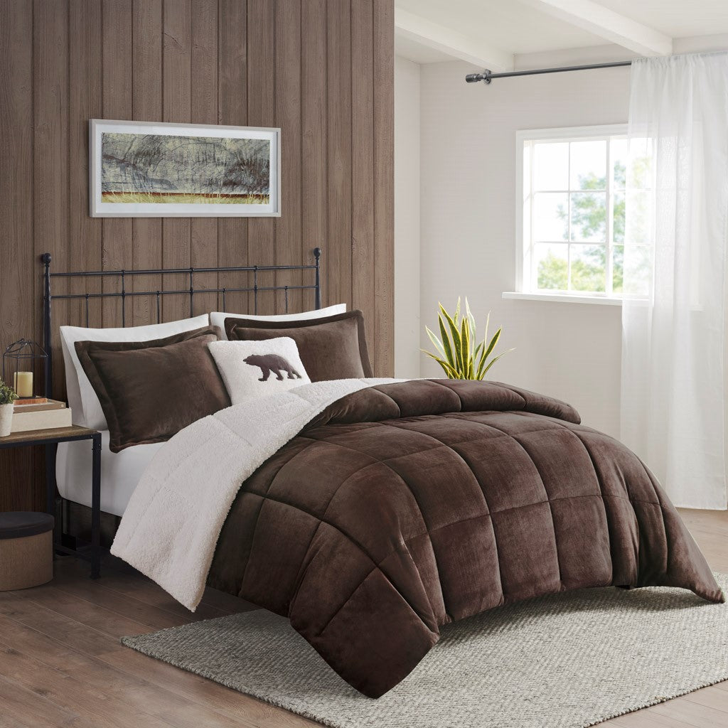 King Plush to Sherpa Down Alternative Comforter Set in brown with white sherpa on Tampa Home & Garden Store