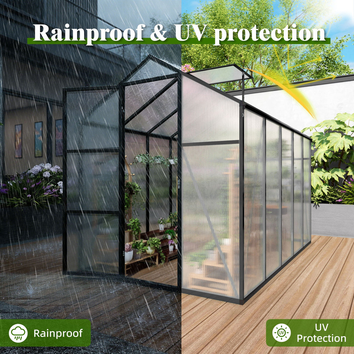 Windproof greenhouse with raised base, polycarbonate panels, black frame HouseOfZazla on Tampa Home & Garden Store