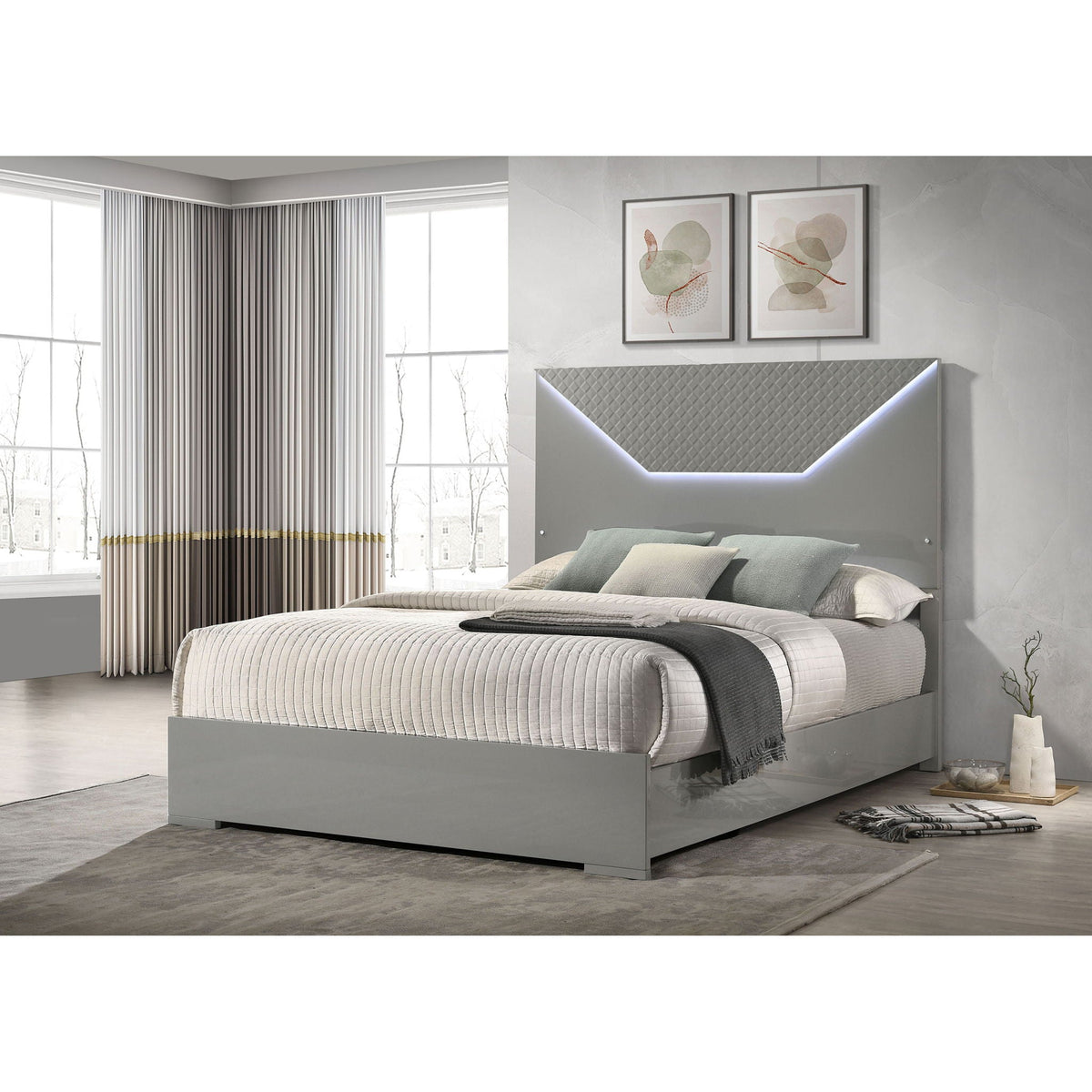 Pierce panel bed LED headboard with gray quilted platform in modern bedroom on Tampa Home & Garden Store